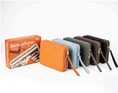 Backgammon - Luxury 9 inch Folding Orange Leather Box w/ Pearl Pattern Pieces